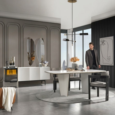 Gruppo da pranzo Set sala da pranzo Tavolo da pranzo Sedie di lusso Angolo cottura 9 pz Bianco