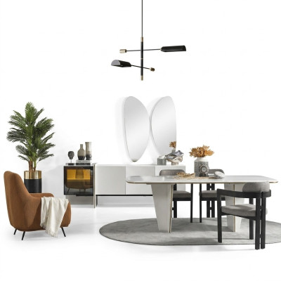 Gruppo da pranzo Set sala da pranzo Tavolo da pranzo Sedie di lusso Angolo cottura 9 pz Bianco