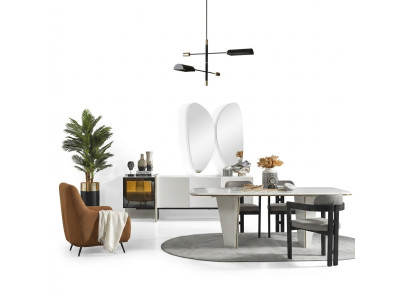 Gruppo da pranzo Set sala da pranzo Tavolo da pranzo Sedie di lusso Angolo cottura 9 pz Bianco