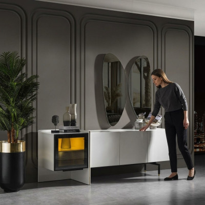 Gruppo credenza specchio comò legno moderno sala da pranzo bianco design nuovo