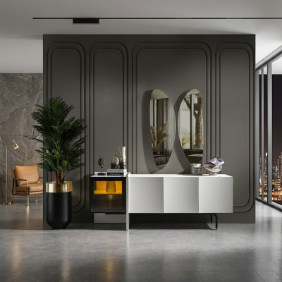 Gruppo credenza specchio comò legno moderno sala da pranzo bianco design nuovo