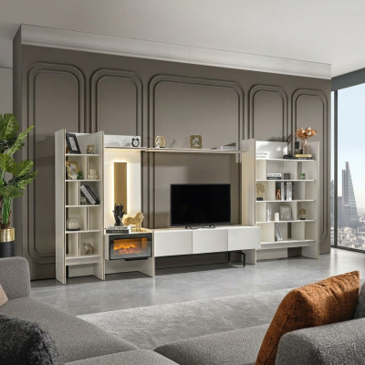 Garnitura parete attrezzata porta TV RTV mobile basso sideboard mensole legno bianco