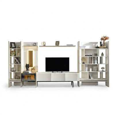 Garnitura parete attrezzata porta TV RTV mobile basso sideboard mensole legno bianco