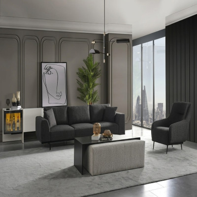 Set di divani divano 4 posti poltrona set in tessuto grigio moderno.   Set di divani divano a 4 posti con poltrona in tessuto grigio moderno.