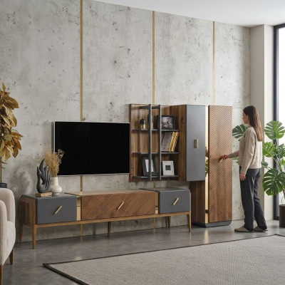 Set parete unità mobile TV RTV lowboard credenza mensole legno marrone