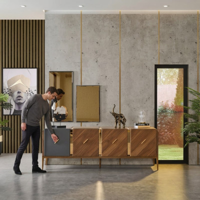 Mobile a credenza di lusso in legno marrone per il soggiorno.