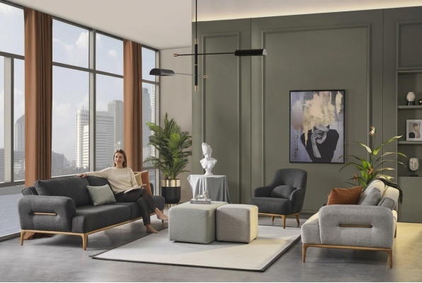 Set di divani divano poltrona 431 posti in stoffa grigio lusso Divani Soggiorno