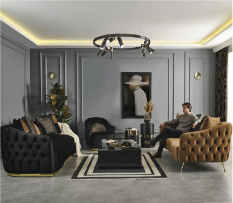 Chesterfield set di divani divano poltrona blu in poliestere di lusso 3 pezzi.