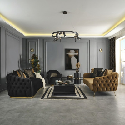 Chesterfield set di divani divano poltrona blu in poliestere di lusso 3 pezzi.