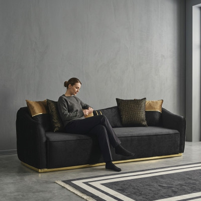 Moderno divano Chesterfield a 4 posti design moderne, in tessuto poliestere blu, nuovo.