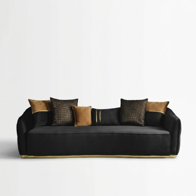 Moderno divano Chesterfield a 4 posti design moderne, in tessuto poliestere blu, nuovo.