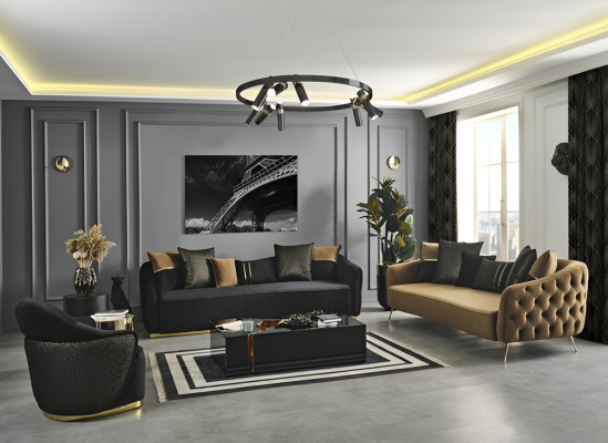 Chesterfield set divano 3 posti poltrona blu in poliestere 2 pezzi.