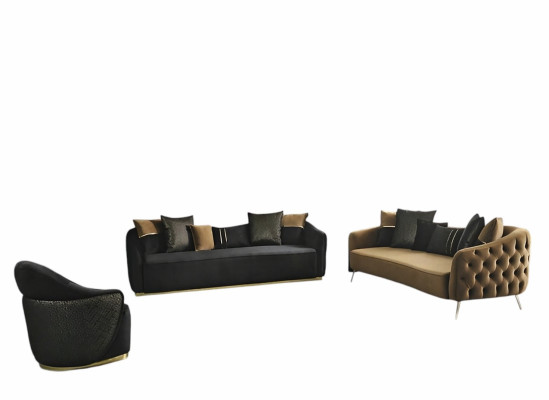 Chesterfield set divano 3 posti poltrona blu in poliestere 2 pezzi.