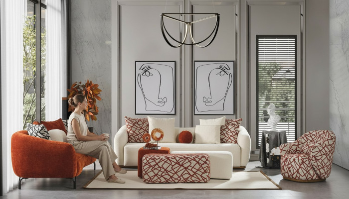 Sofà Set Sofa Poltrona 431 Posti Stoffa Divani di Lusso Arancio Soggiorno