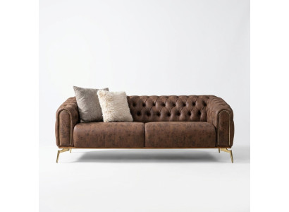 Divano Chesterfield a 4 posti in poliestere marrone e ecopelle.