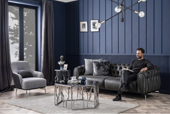 Chesterfield Set divano 4 posti poltrona quattro posti pelle sintetica nera
