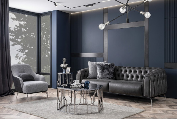 Chesterfield Set divano 4 posti poltrona quattro posti pelle sintetica nera
