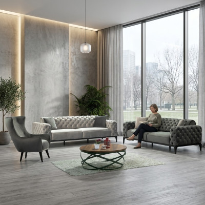 Chesterfield Set di divani 3 posti in stoffa grigia di lusso.