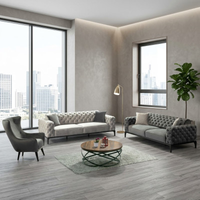 Chesterfield Set di divani 3 posti in stoffa grigia di lusso.