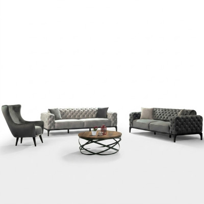 Chesterfield Set di divani 3 posti in stoffa grigia di lusso.
