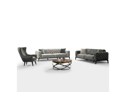 Chesterfield Set di divani 3 posti in stoffa grigia di lusso.