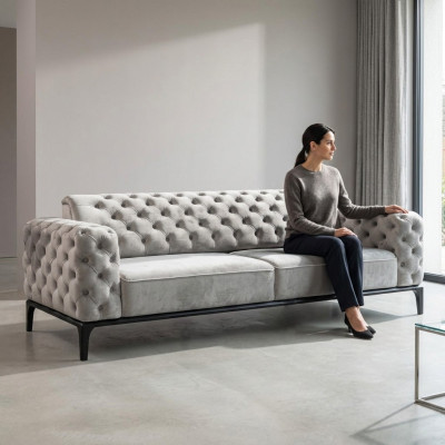 Divano a tre posti 3 posti in tessuto bianco Chesterfield soggiorno nuovo