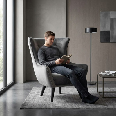 Poltrona poltrona ala tessuto soggiorno poliestere design grigio moderno sedile.