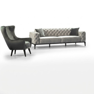 Chesterfield Set Divano 3 + 1 Posti in Tessuto Grigio Divani di Lusso Bianchi
