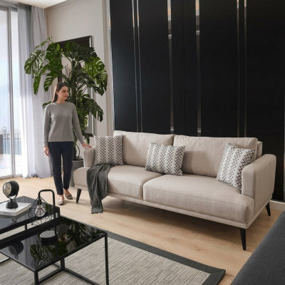 Divano 3 posti, divani a tre posti in tessuto beige, design moderno per il soggiorno.