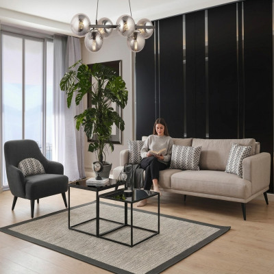 Sofà 3 posti in tessuto beige moderno in poliestere con poltrona assortita