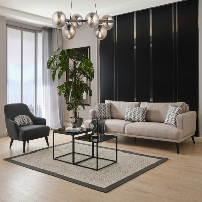Sofà 3 posti in tessuto beige moderno in poliestere con poltrona assortita