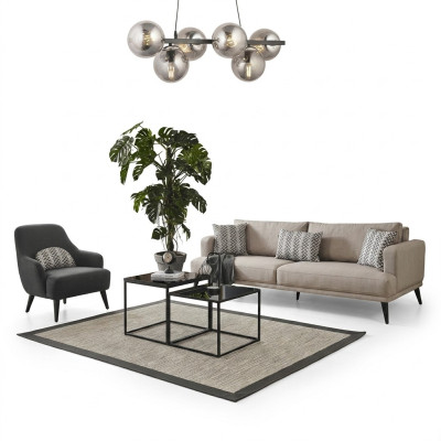 Sofà 3 posti in tessuto beige moderno in poliestere con poltrona assortita