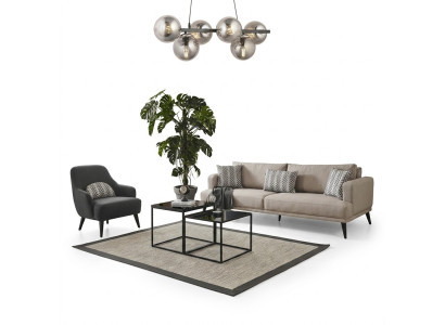 Sofà 3 posti in tessuto beige moderno in poliestere con poltrona assortita
