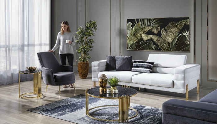 Set di divani di lusso Divano 4 posti Poltrona Tessuto Moderno Bianco Moderno