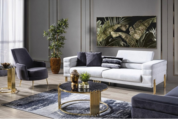 Set di divani di lusso Divano 4 posti Poltrona Tessuto Moderno Bianco Moderno