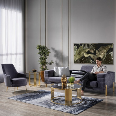Set di divani di lusso 3 posti in tessuto grigio moderno.