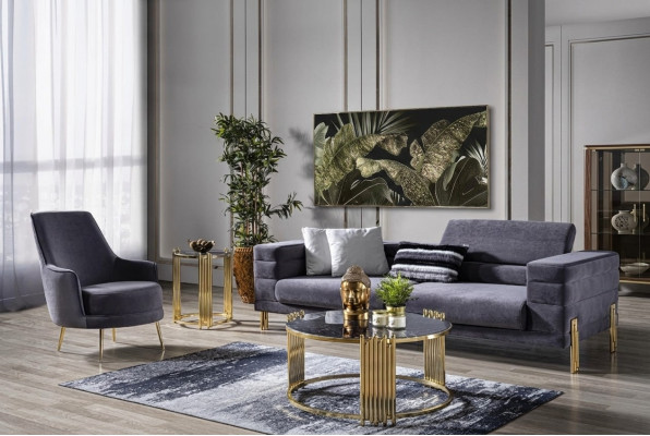 Set di divani di lusso 3 posti in tessuto grigio moderno.