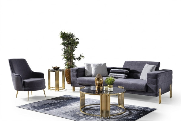 Set di divani di lusso 3 posti in tessuto grigio moderno.