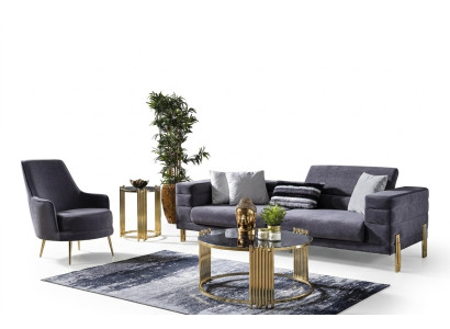 Set di divani di lusso 3 posti in tessuto grigio moderno.