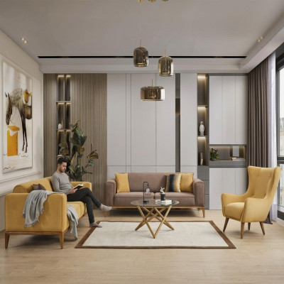 Set di divani completi Sofa 431 Posti a sedere Poltrona Tessuto Giallo Set 3 pezzi Nuovo