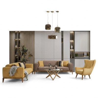Set di divani completi Sofa 431 Posti a sedere Poltrona Tessuto Giallo Set 3 pezzi Nuovo