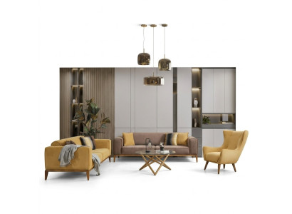 Set di divani completi Sofa 431 Posti a sedere Poltrona Tessuto Giallo Set 3 pezzi Nuovo