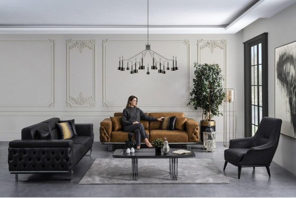 Chesterfield Set di divani divano 431 posti in finta pelle nera