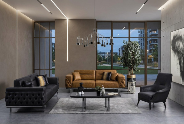 Chesterfield Set di divani divano 431 posti in finta pelle nera