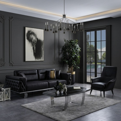 Set di divani completi 41 posti Sofa 41 poltrona in ecopelle nera, 2 pezzi.