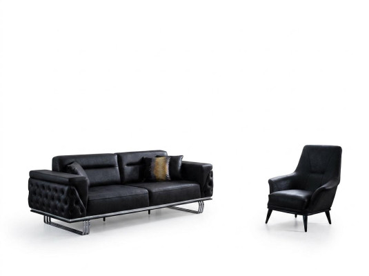 Set di divani completi 41 posti Sofa 41 poltrona in ecopelle nera, 2 pezzi.