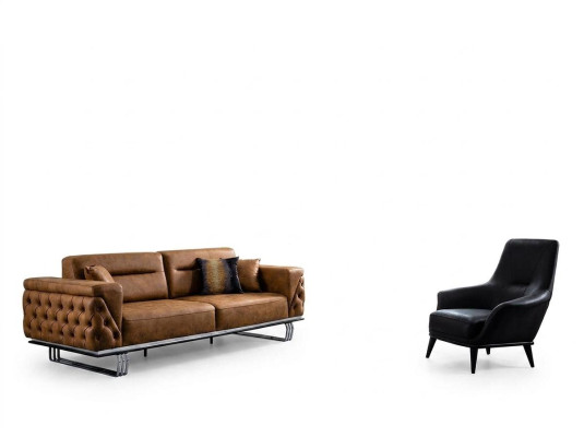 Set di divani completi, divano 3 posti con poltrona in similpelle marrone, set di 2 pezzi