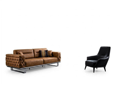 Set di divani completi, divano 3 posti con poltrona in similpelle marrone, set di 2 pezzi