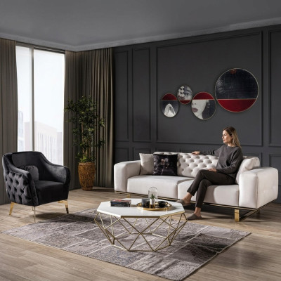 Divano Chesterfield 3 posti in tessuto bianco di lusso con poltrona e divanetto.