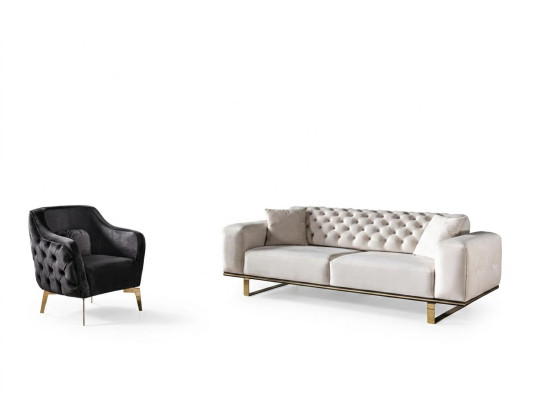 Divano Chesterfield 3 posti in tessuto bianco di lusso con poltrona e divanetto.